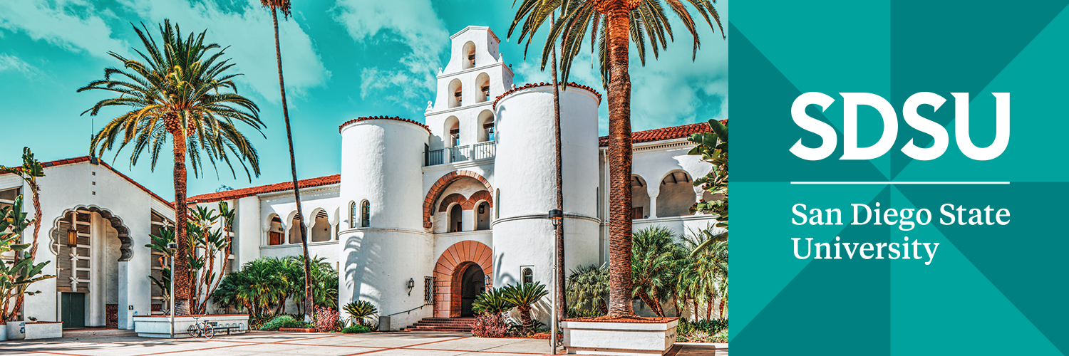 Social cover 2 - Hepner Hall image, teal pattern with white SDSU logo