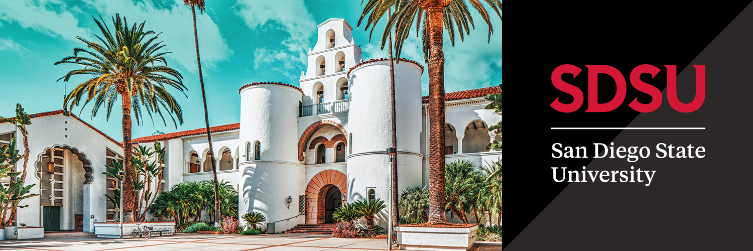 Social cover 1 - Hepner Hall image, black pattern with reverse colored SDSU logo
