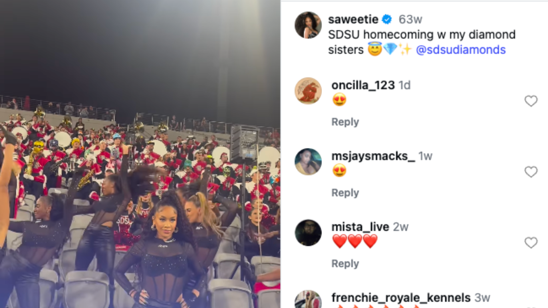 A crowd of people at a stadium and dancers at the front